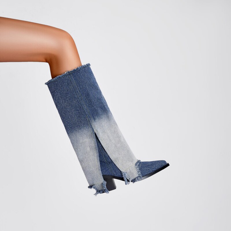 Processing Time:7-15 days after placing orders European and American Denim Knee High Boots for Women's Four Season Thick High-heeled Color Matching Sleeve Skirt Boots