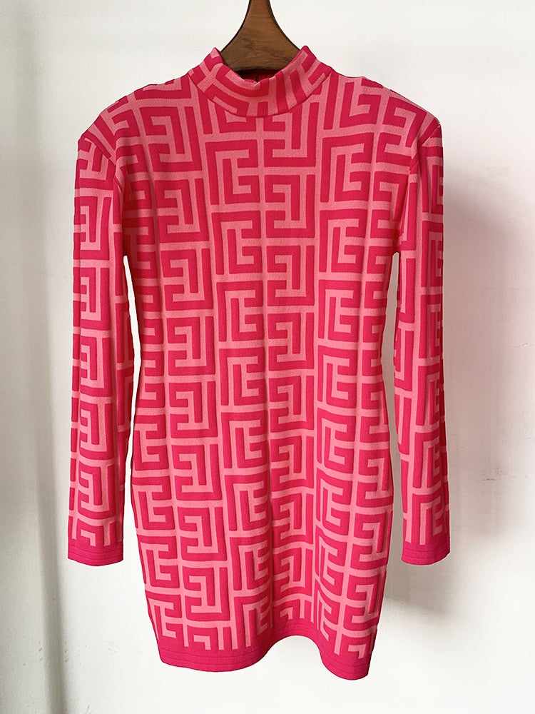 HIGH STREET Runway Fall Designer Women's Long Sleeve Monogram Jacquard Knit Dress