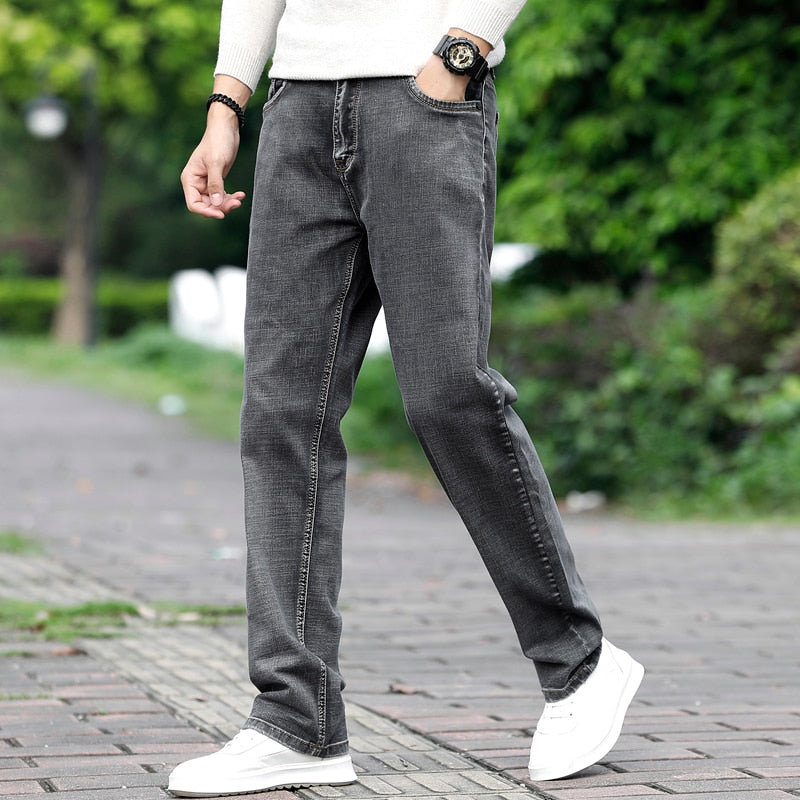 Brand Men Grey Casual Jeans Business Stretch Straight Denim Trousers Pants Male Plus Size