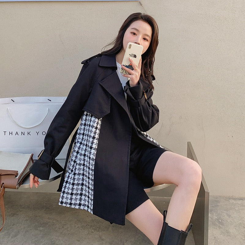 Plaid Trench For Women Notched Collar Long Sleeves Patchwork Belt Temperament Windbreaker Female