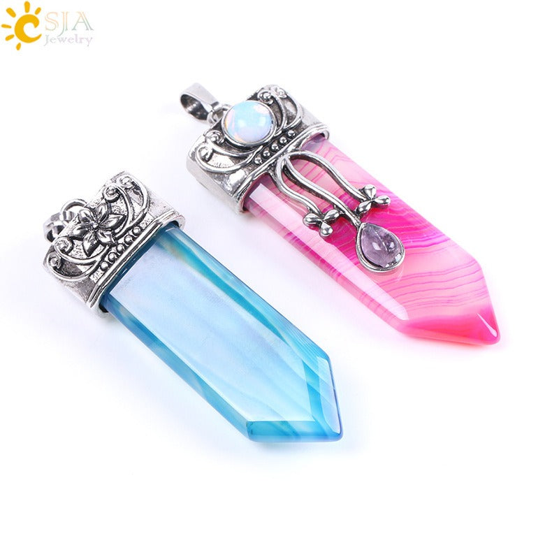 CSJA Vintage Large Natural Stone Sword-Shaped Pendant Jewelry Striped Crystal Agate Tiger Eye Jewelry Pendant Without Chain