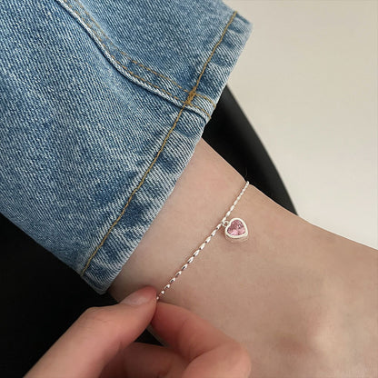 925 Whole Body Sterling Silver Love Pink Rice Grain Anklet Female Korean Version Simple Peach Heart-Shaped Student Girlfriend Accessories