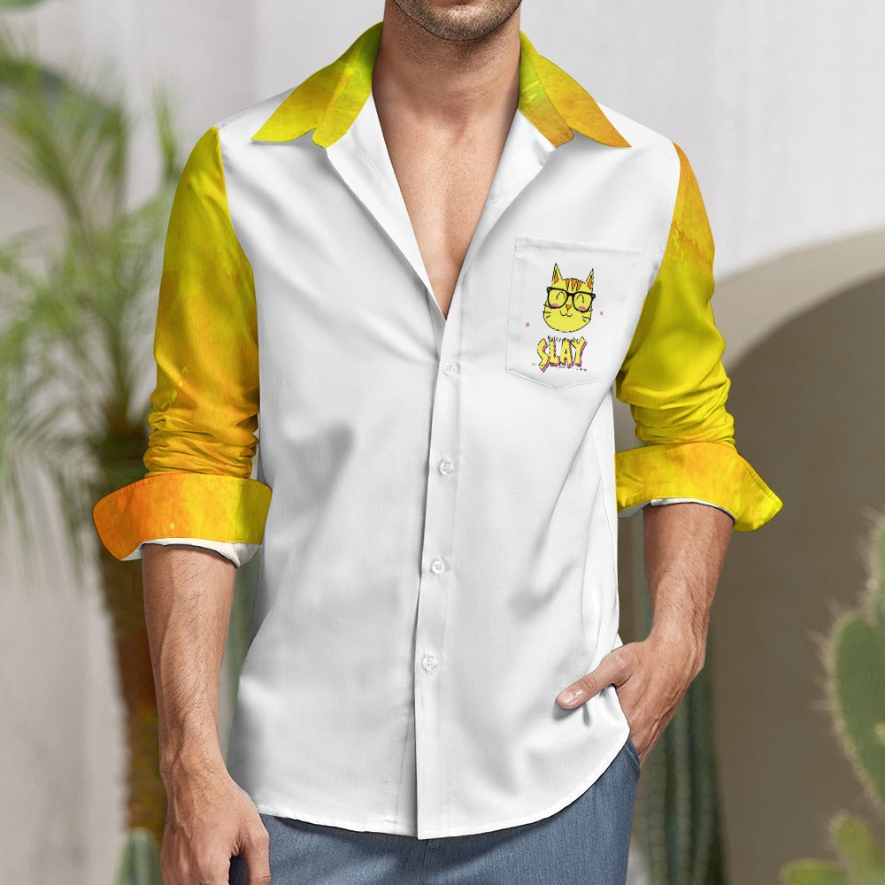 Bully-Proof Da Nerd Kat Slay Velvet Casual One Pocket Long Sleeve Shirt