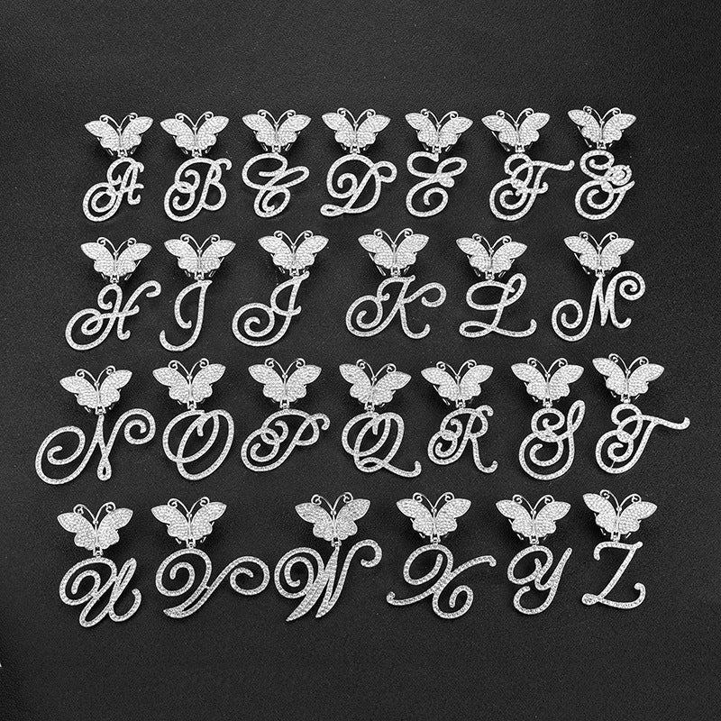 18inch Cuban Chain Butterfly Letter Full Diamond Pendant Cuban Chain Personalized Exaggerated Thick Chain Hiphop Jewelry