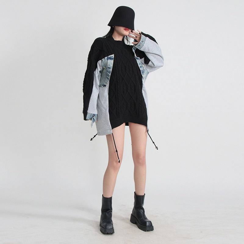 Sweater Denim Stitched Irregular Knitted Sweater Pullovers Loose Long Autumn Winter Tops