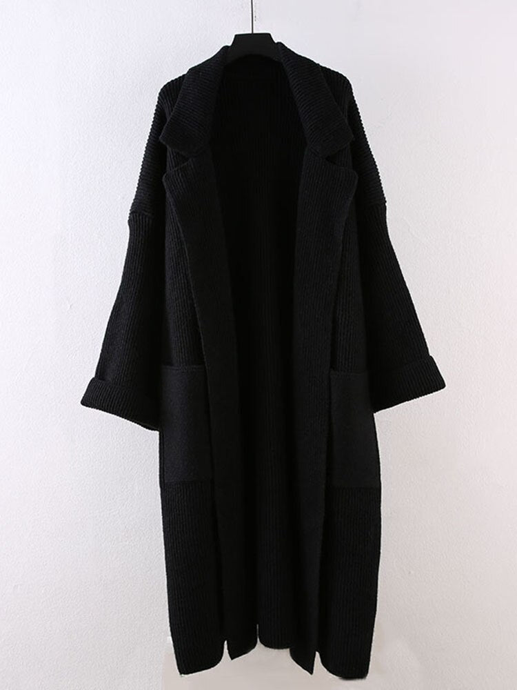 Knitting Cardigan Thicken Long Sweater Coat For Women Solid Lapel Loose Casual Vintage Clothing Autumn Winter
