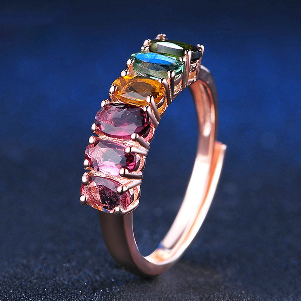 925 Sterling Silver Jewelry Natural Tourmaline Color Classic Row Ring Gem Jewelry