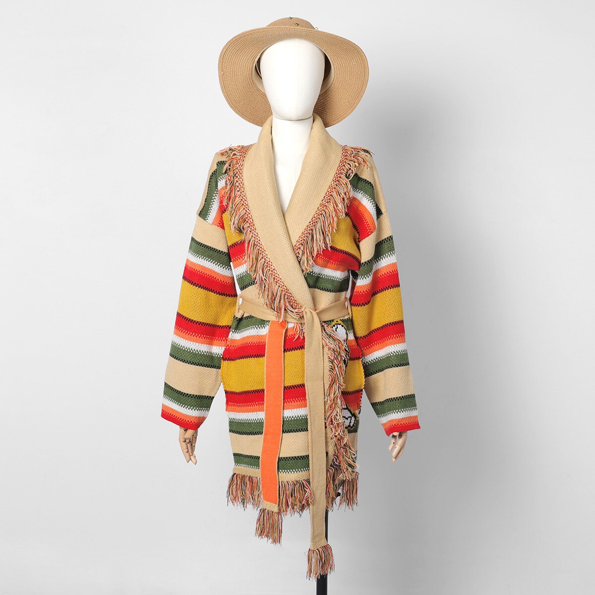 Jacket Wool Rainbow Striped Sweater Cardigan Cartoon Jacquard Knit Mid-length Coats Tops