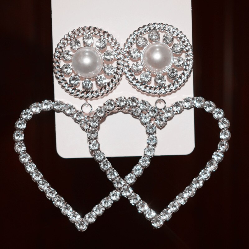 Exaggerated Catwalk Metal Heart Studded Peach Heart Earrings Rhinestone Pearl Heart Earrings