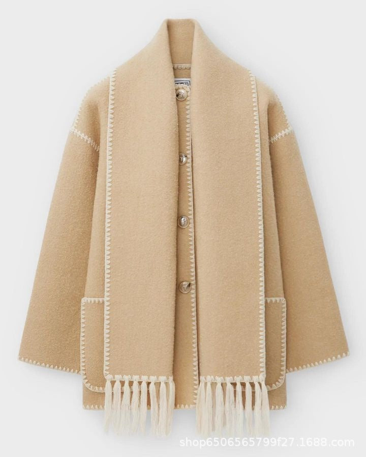 Warm Coats With Scarf Elegant Long Sleeve Pocket Single Breasted Jackets Autumn Winter Lady Loose Streetwear