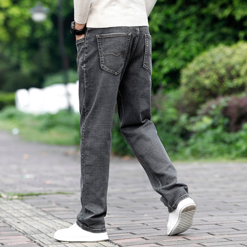 Brand Men Grey Casual Jeans Business Stretch Straight Denim Trousers Pants Male Plus Size