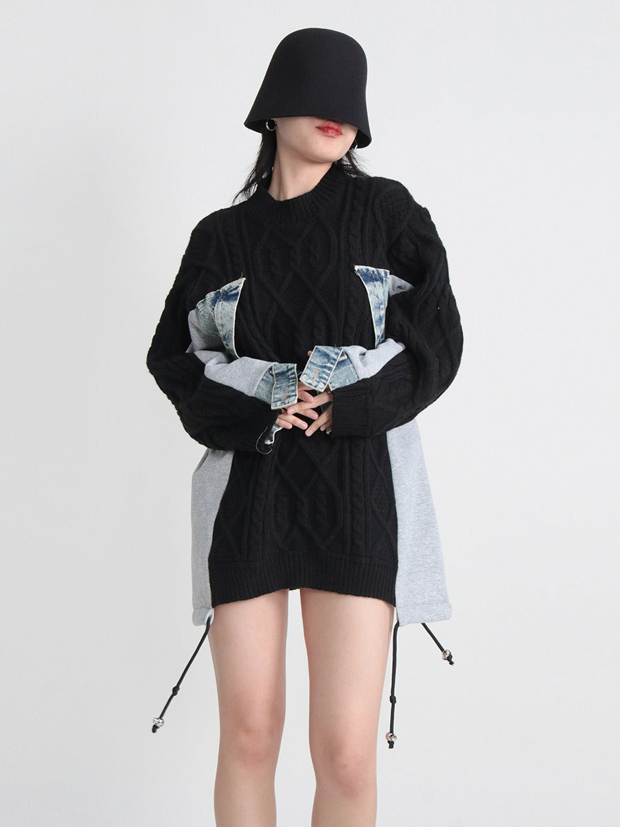 Sweater Denim Stitched Irregular Knitted Sweater Pullovers Loose Long Autumn Winter Tops
