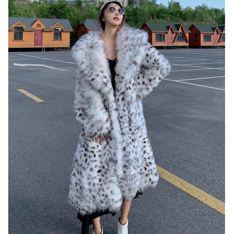 Women's winter imitation fox fur young leopard-print fur coat long knee-length mink coat