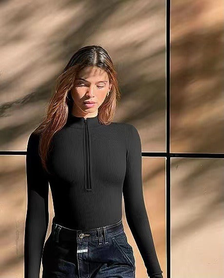 Long Sleeve Bodysuit Sexy Ribbed Bodysuit Front Zip Long Sleeve Top Bodysuit