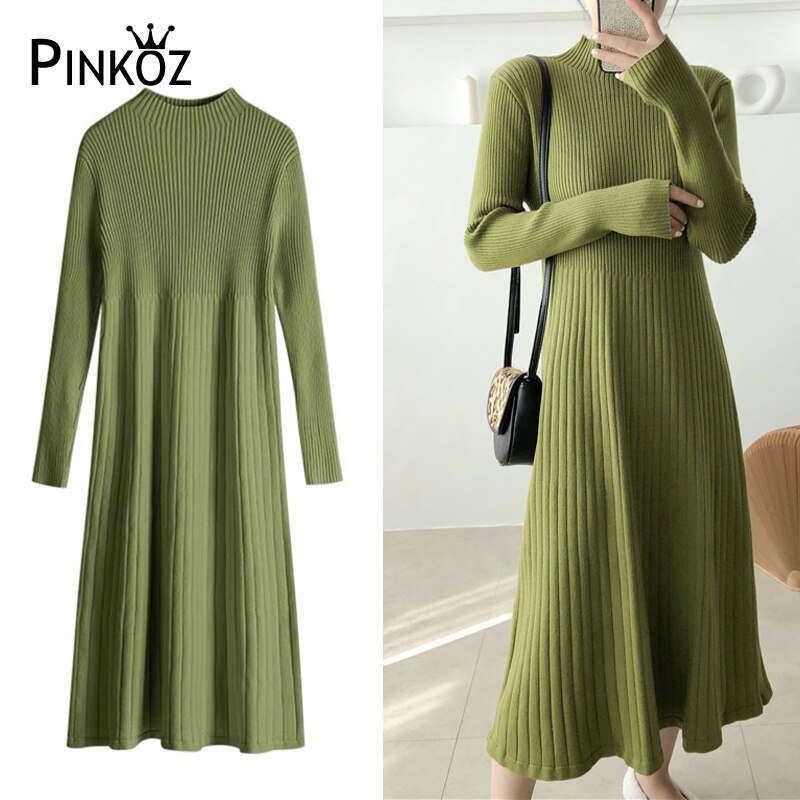 Women New Fashion Green Knitting Midi Dress Loose Stand Collar Autumn Winter Keepwarn Sweater Dresses