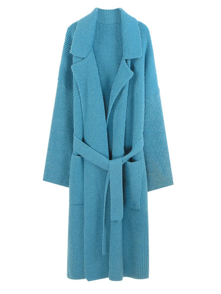 Knitting Cardigan Thicken Long Sweater Coat For Women Solid Lapel Loose Casual Vintage Clothing Autumn Winter