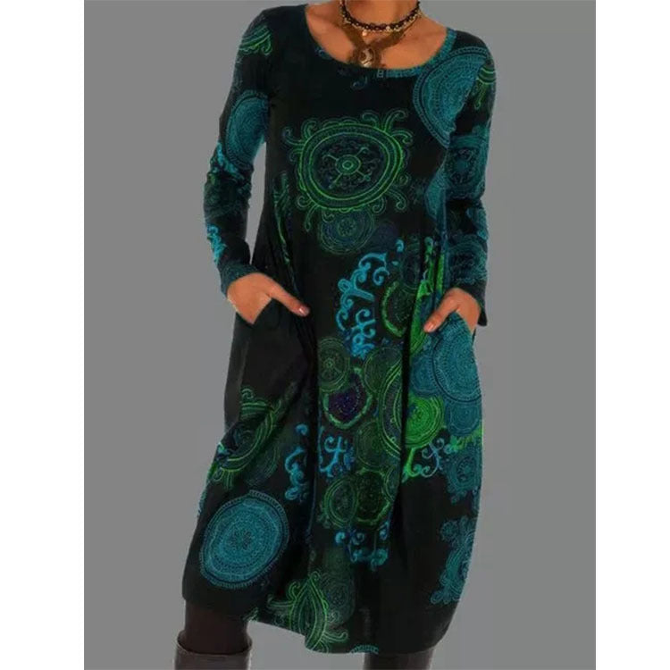 Pullover Print Ethnic Dress Long Sleeve Long Dress Skirt Ladies For Women