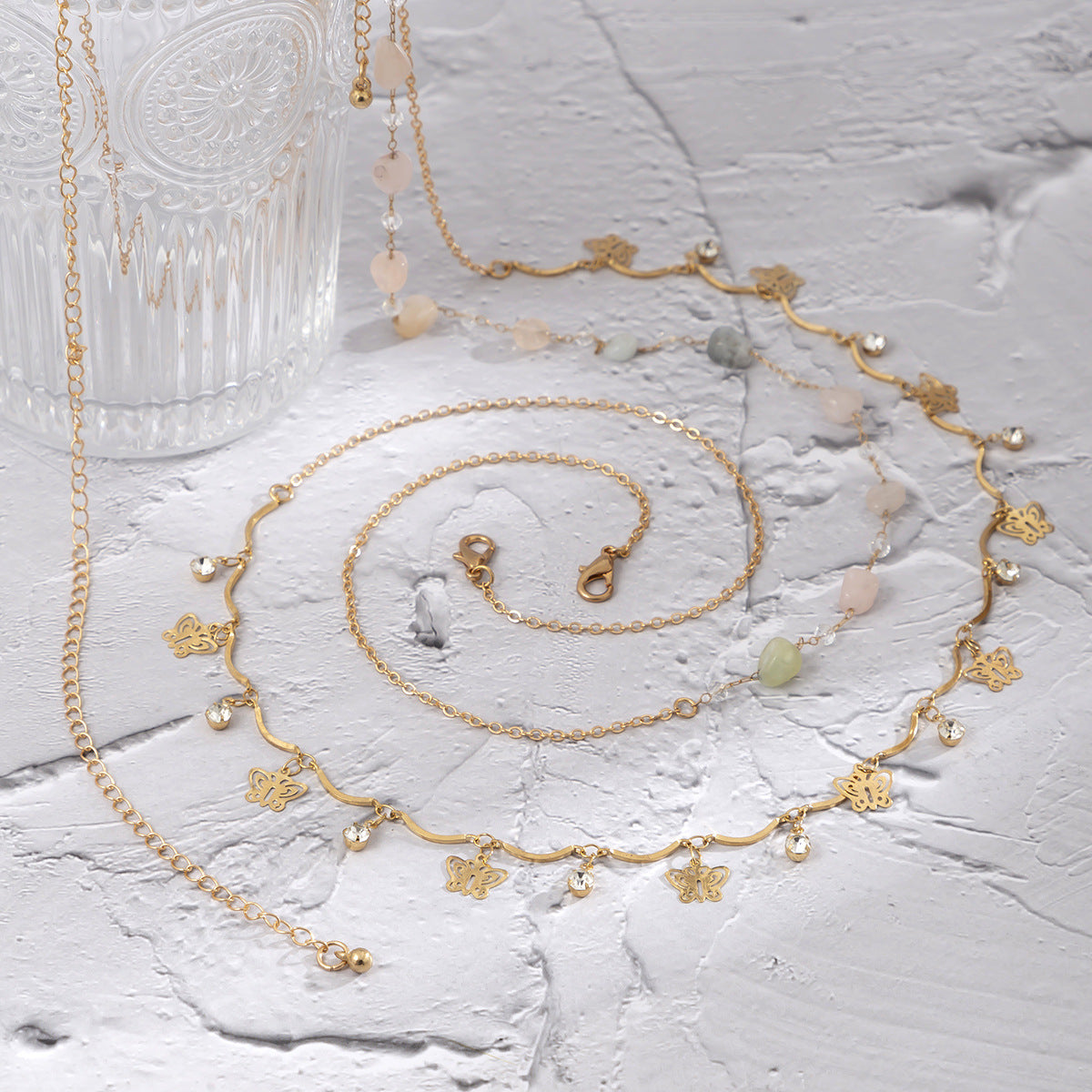 Vintage Double Layered Crystal Colored Beach Waist Chain Metal Chain Butterfly Fringe Body Chain