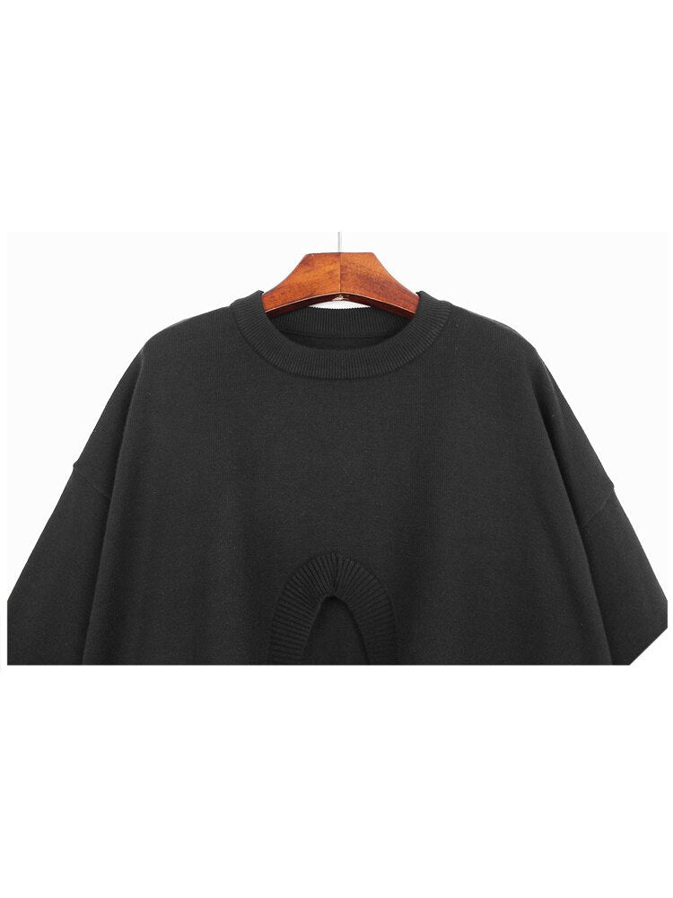 Split Sweater Irregular Full Sleeve Full Sleeve Solid Color Pleated Pullover Autumn Minority Loose Knitted