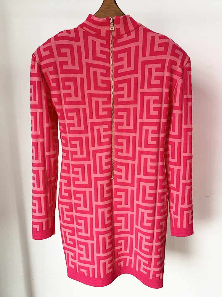 HIGH STREET Runway Fall Designer Women's Long Sleeve Monogram Jacquard Knit Dress