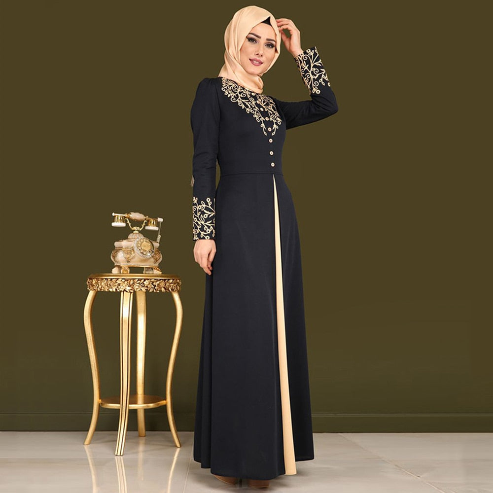 Gold Stamping Printing Muslim Dress Women Dubai Abaya Black Robe Long Sleeve Cardigan Kaftan Elegant Design Maxi Dresses Clothes