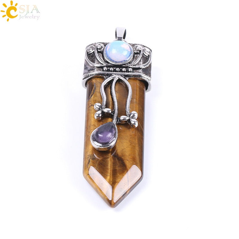 CSJA Vintage Large Natural Stone Sword-Shaped Pendant Jewelry Striped Crystal Agate Tiger Eye Jewelry Pendant Without Chain