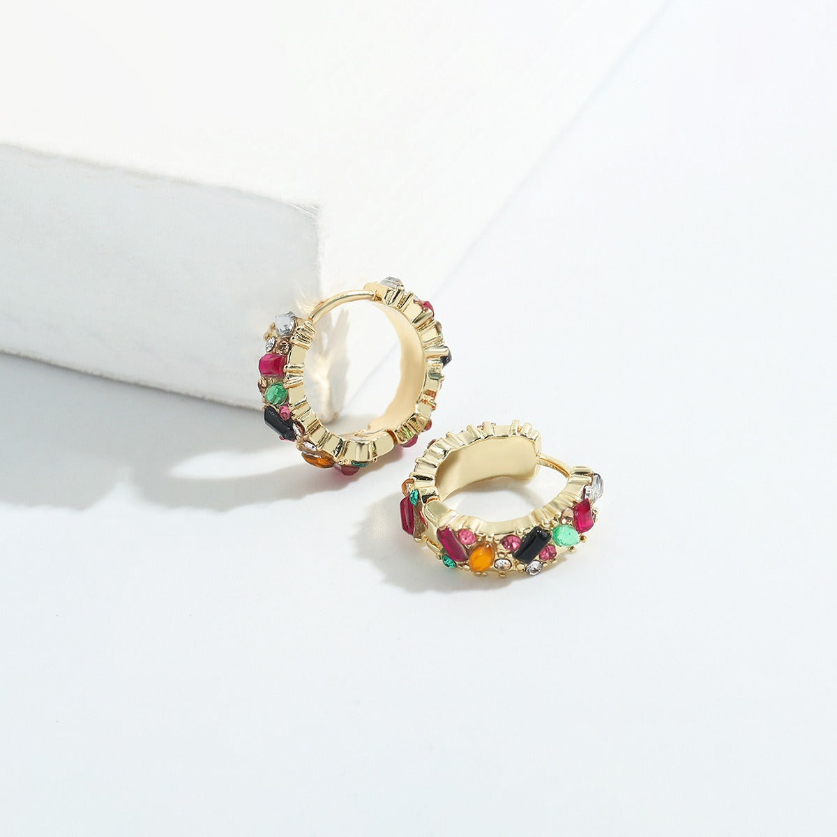 European and American style female copper earrings embedded with colored gemstones, geometric circles, electroplated gold earrings, fashionable and trendy style