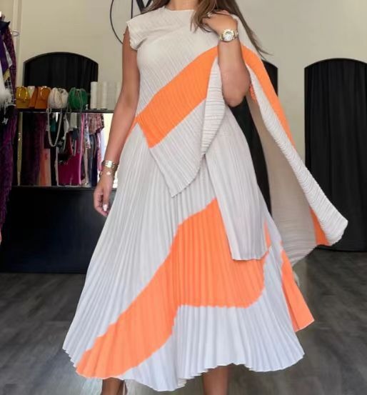 Pleated two piece shawl irregular top long elastic waist large swing skirt set