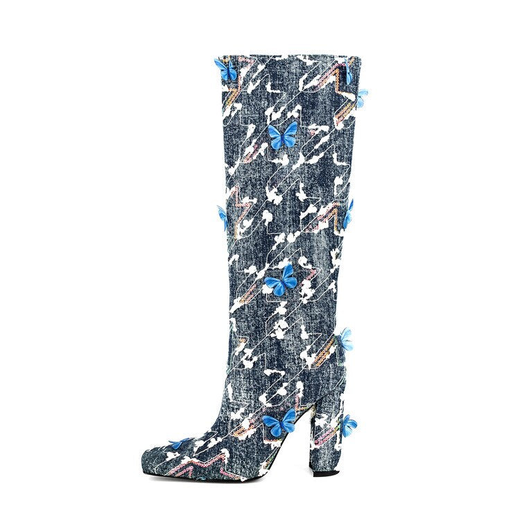 Processing Time:7-15 days after placing orders Women's Fashion Sexy Color Butterfly Decoration Square Head High Boots Autumn and Winter New Slope Heel Party Show Skirt Shoes
