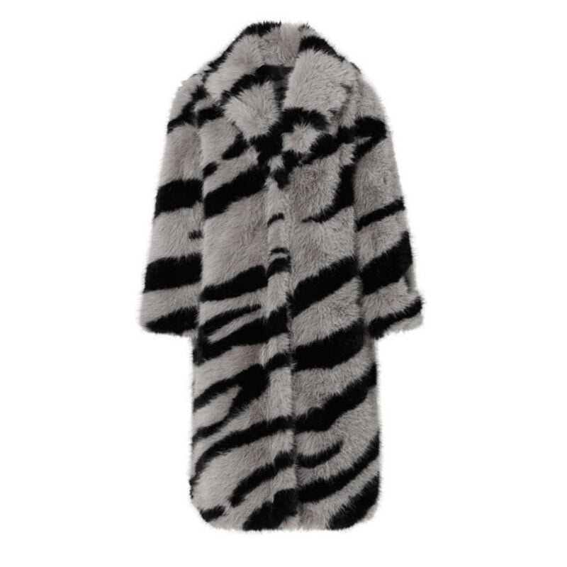 Women's fur coat new fashion zebra print imitation fox fur coat long winter leisure and warm