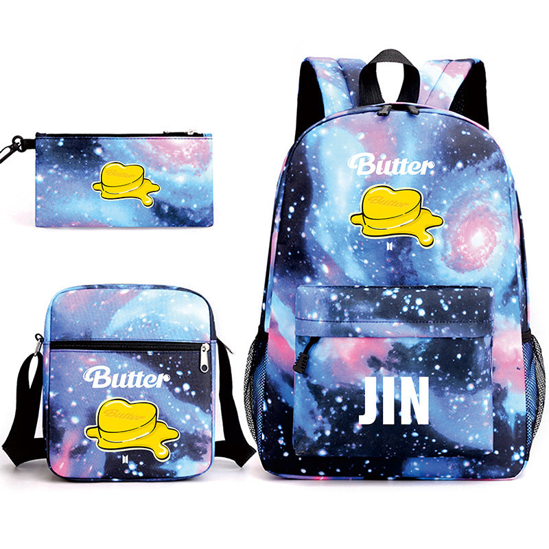 Bulletproof Youth League Butter Shoulder Starry School Bag Backpack Student Large Capacity Small Shoulder Bag Pencil Bag Three-Piece Set