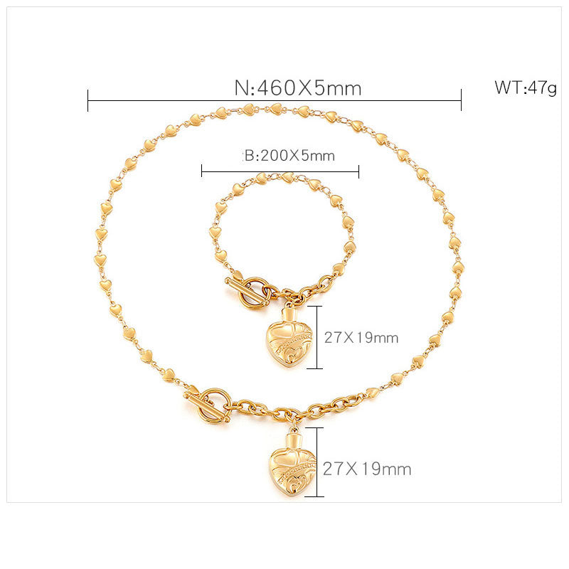 Temperament Fashion Ladies Stainless Steel Heart T-Button Bracelet Necklace Set