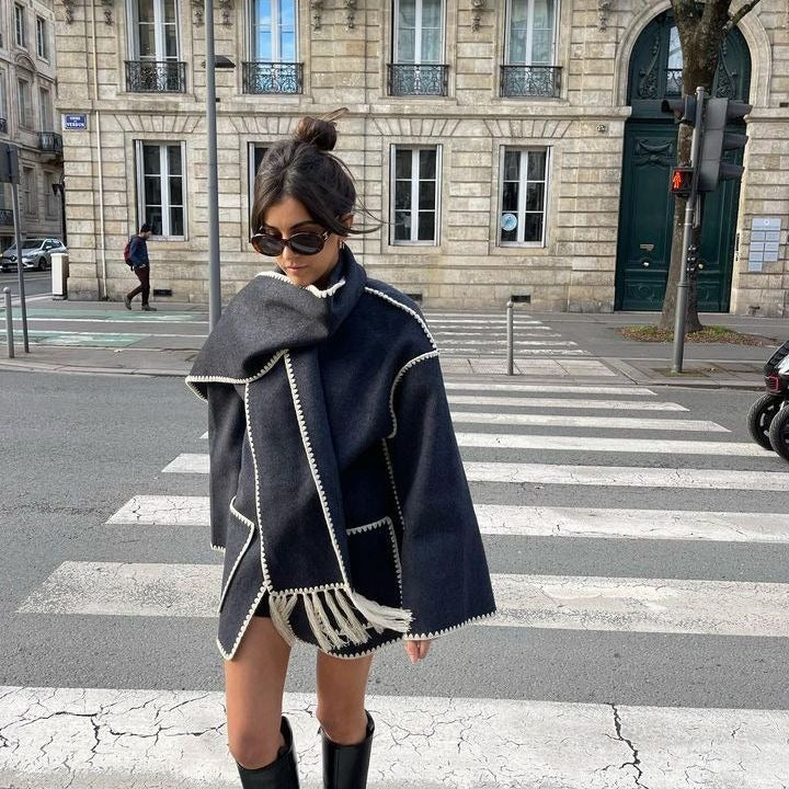 Warm Coats With Scarf Elegant Long Sleeve Pocket Single Breasted Jackets Autumn Winter Lady Loose Streetwear