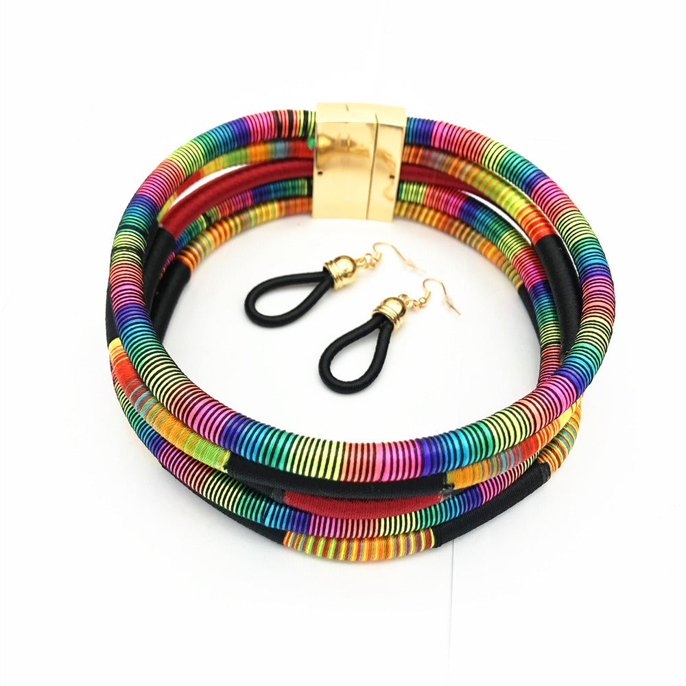 Hand woven collar African style color line magnetic buckle necklace set European and American exaggerated necklace