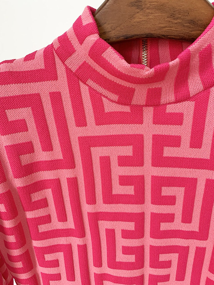 HIGH STREET Runway Fall Designer Women's Long Sleeve Monogram Jacquard Knit Dress
