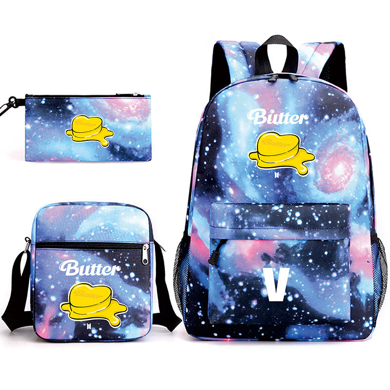 Bulletproof Youth League Butter Shoulder Starry School Bag Backpack Student Large Capacity Small Shoulder Bag Pencil Bag Three-Piece Set