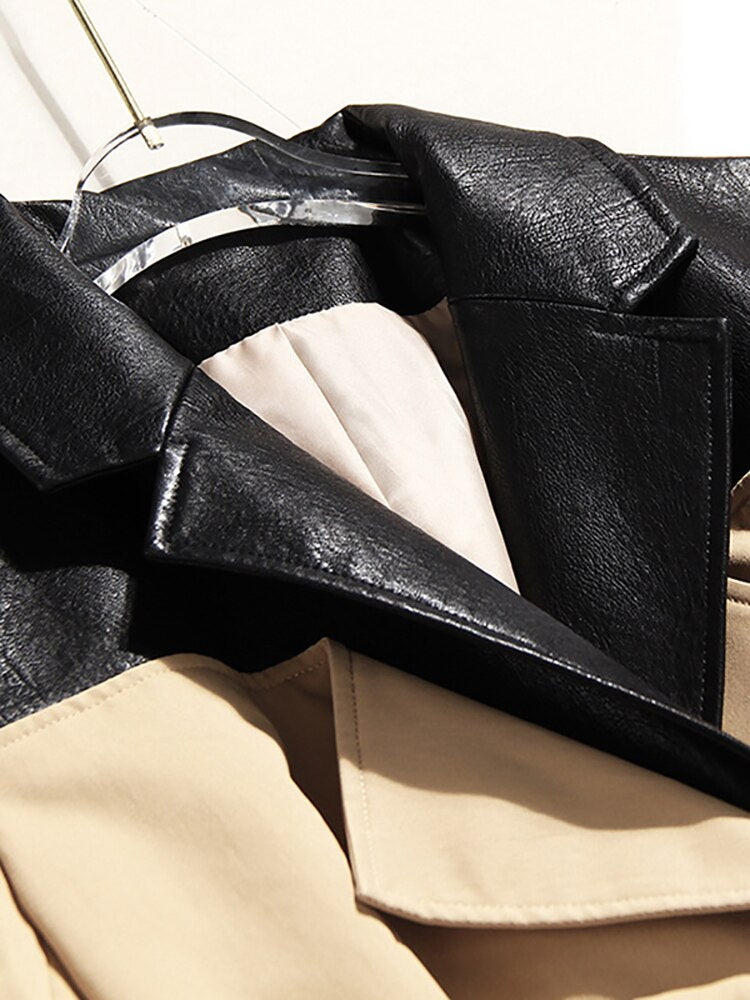 British Style Temperament Leather Contrast Color Windbreaker