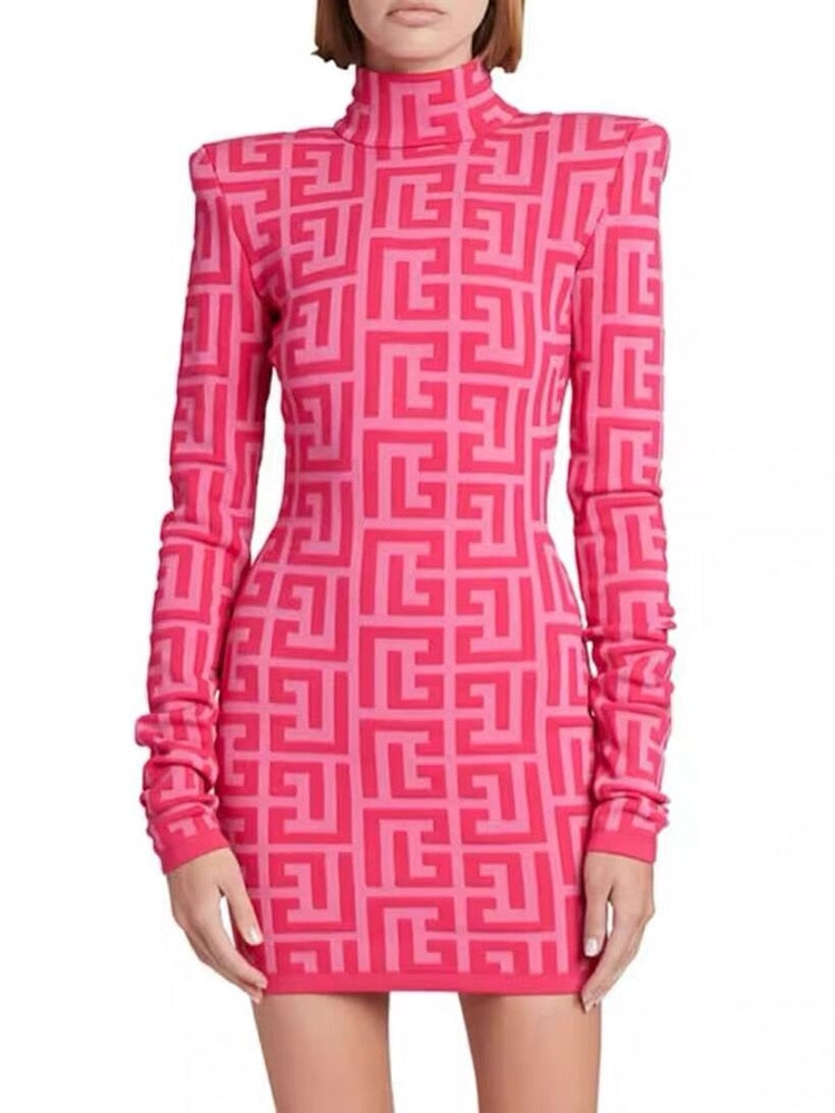 HIGH STREET Runway Fall Designer Women's Long Sleeve Monogram Jacquard Knit Dress