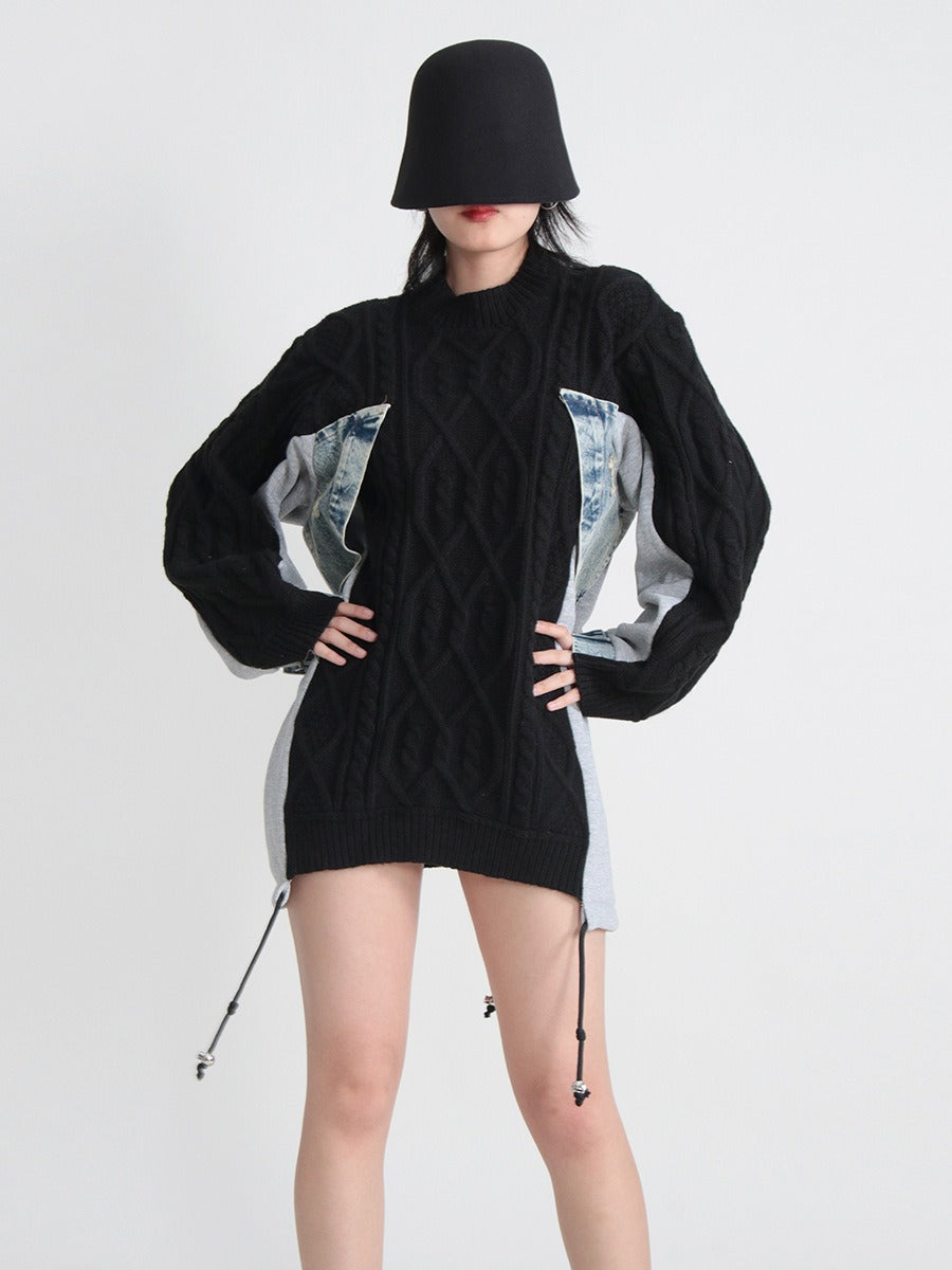 Sweater Denim Stitched Irregular Knitted Sweater Pullovers Loose Long Autumn Winter Tops