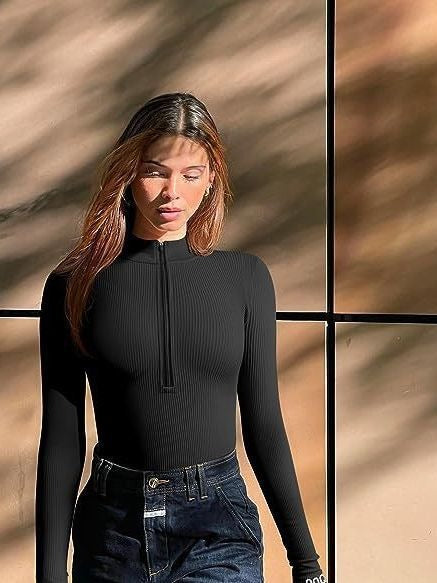 Long Sleeve Bodysuit Sexy Ribbed Bodysuit Front Zip Long Sleeve Top Bodysuit