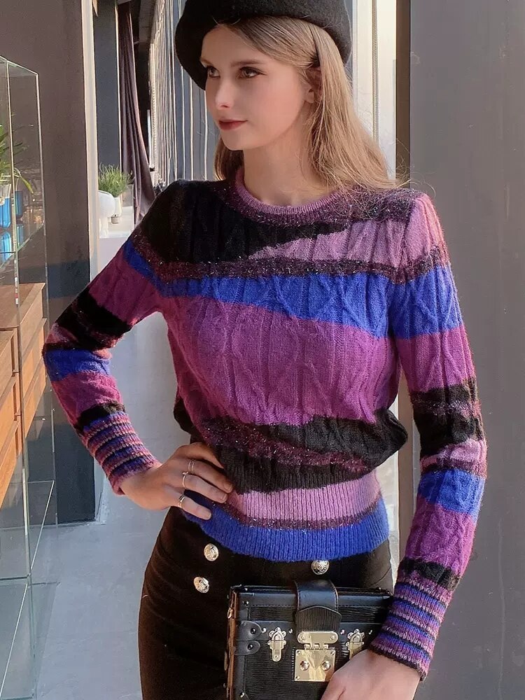 Women's High Quality Crew Neck Knitted Sweater Luxury Brand Contrast Color Gold Thread Pullover
