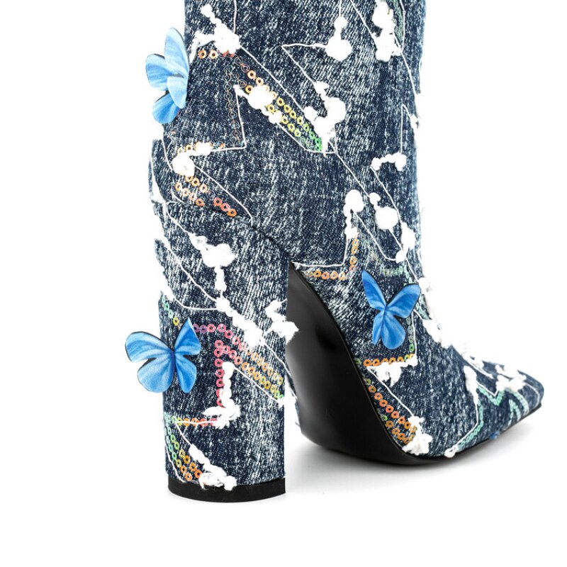 Processing Time:7-15 days after placing orders Women's Fashion Sexy Color Butterfly Decoration Square Head High Boots Autumn and Winter New Slope Heel Party Show Skirt Shoes
