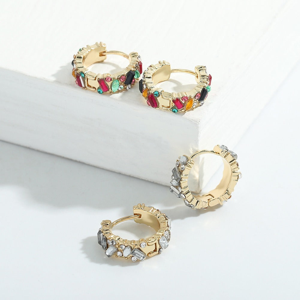 European and American style female copper earrings embedded with colored gemstones, geometric circles, electroplated gold earrings, fashionable and trendy style