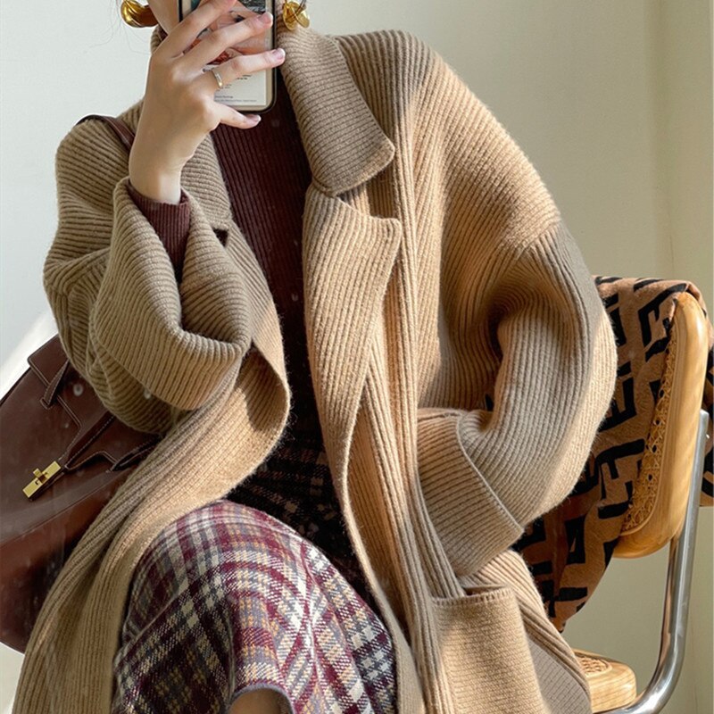 Knitting Cardigan Thicken Long Sweater Coat For Women Solid Lapel Loose Casual Vintage Clothing Autumn Winter