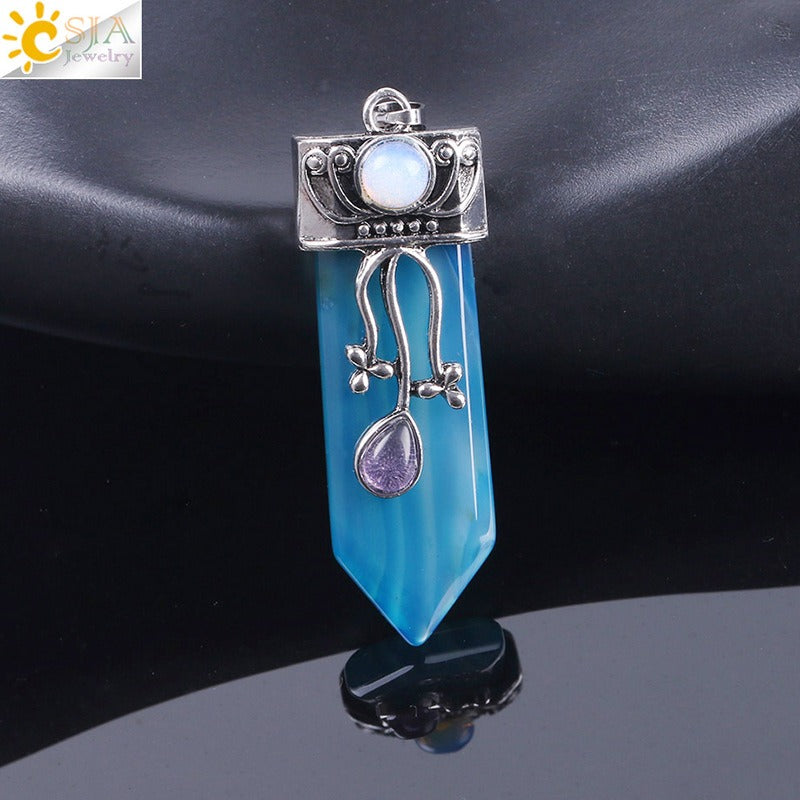 CSJA Vintage Large Natural Stone Sword-Shaped Pendant Jewelry Striped Crystal Agate Tiger Eye Jewelry Pendant Without Chain