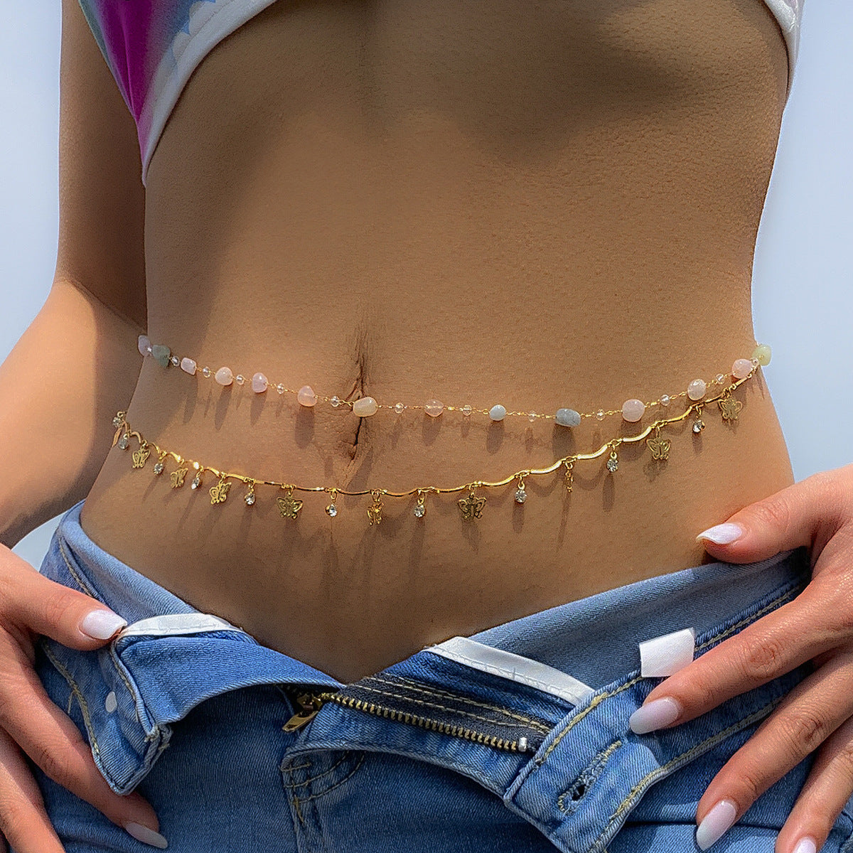 Vintage Double Layered Crystal Colored Beach Waist Chain Metal Chain Butterfly Fringe Body Chain