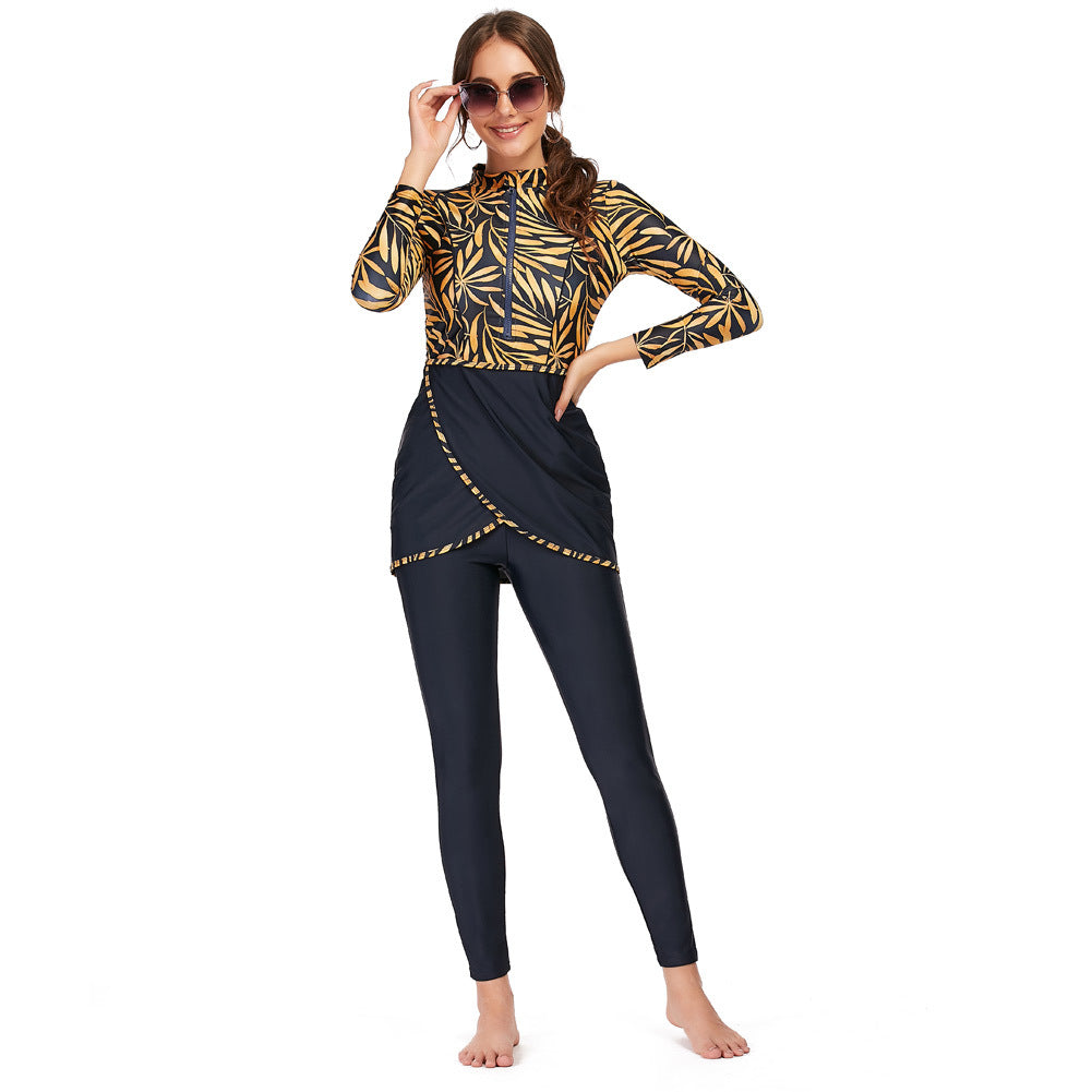New Muslim swimsuit long-sleeved trousers three-piece conservative sunscreen with chest pad