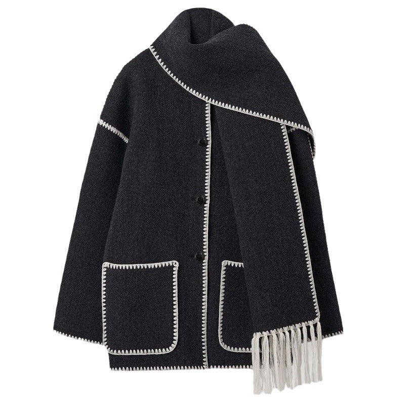 Warm Coats With Scarf Elegant Long Sleeve Pocket Single Breasted Jackets Autumn Winter Lady Loose Streetwear