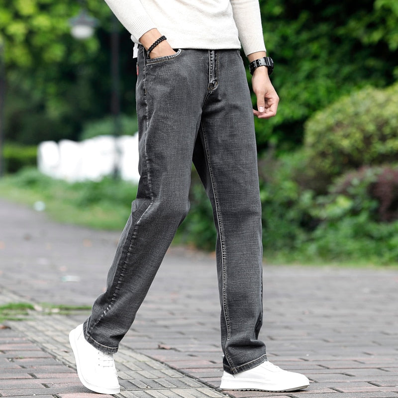 Brand Men Grey Casual Jeans Business Stretch Straight Denim Trousers Pants Male Plus Size