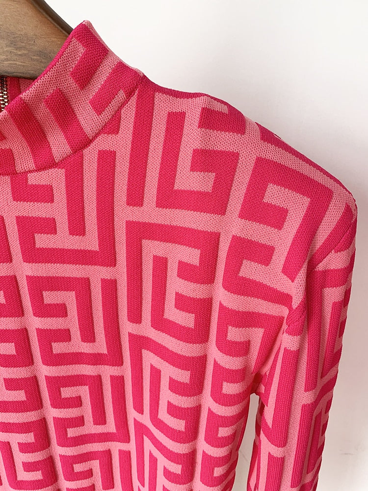HIGH STREET Runway Fall Designer Women's Long Sleeve Monogram Jacquard Knit Dress